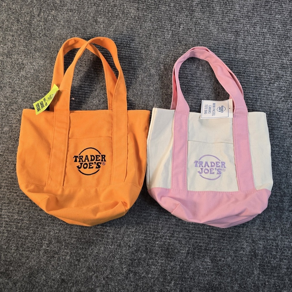 Trader Joe's Mini Pastel Canvas Tote Bag Set Of 2 Pink & Orange NWT